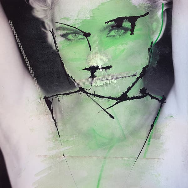 Modern Madonna with face painted over in green, ink lines and watercolor on William Turner photographic paper - contemporary collage art