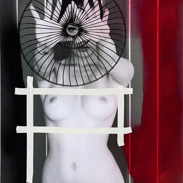 Frau mit Auge hinter Draht, zeitgenössische Collagenkunst mit Sprayfarbe und Klebeband auf FineArt Baryta.