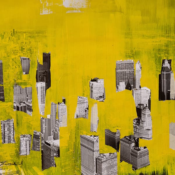 Modern collage art with acrylic and photography of a dissolved skyline.