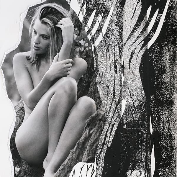 Schwarz-weiße Collage einer Frau im Wald – zeitgenössische Collagenkunst auf Zeichenpapier