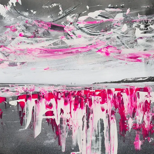 Modern landscape art with acrylic overpainting on FineArt Baryta paper, surreal beach with intense colors.