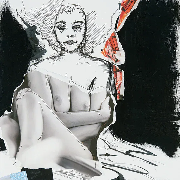 Collage mit weiblicher Figur und Papierfragmenten – zeitgenössische Collagenkunst auf Fotopapier.