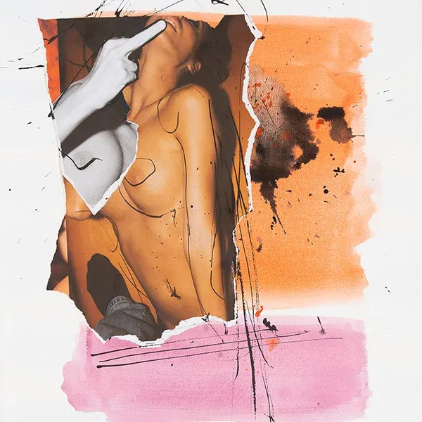 Zeitgenössische Collagenkunst mit Mittelfinger, Akt und abstrakter Farbstruktur.