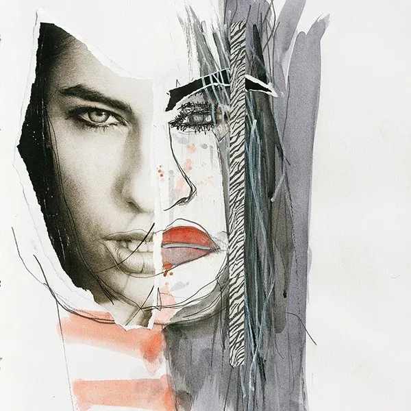 Gesicht mit geteilter Struktur – zeitgenössische Collagenkunst auf Fotopapier