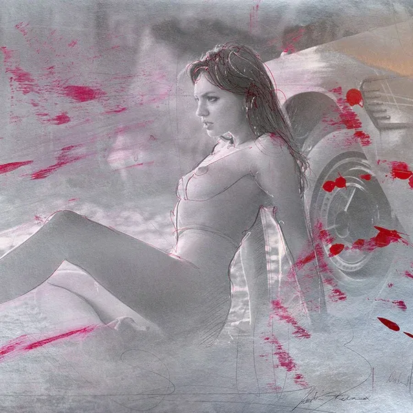 Zeitgenössische Collagenkunst mit einer Frau vor einem Auto, dynamisch und roh.