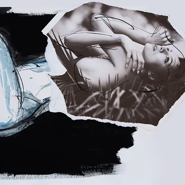 Zeitgenössische Collagenkunst mit Wachsmalstiften, Tusche und Aquarell auf Papier