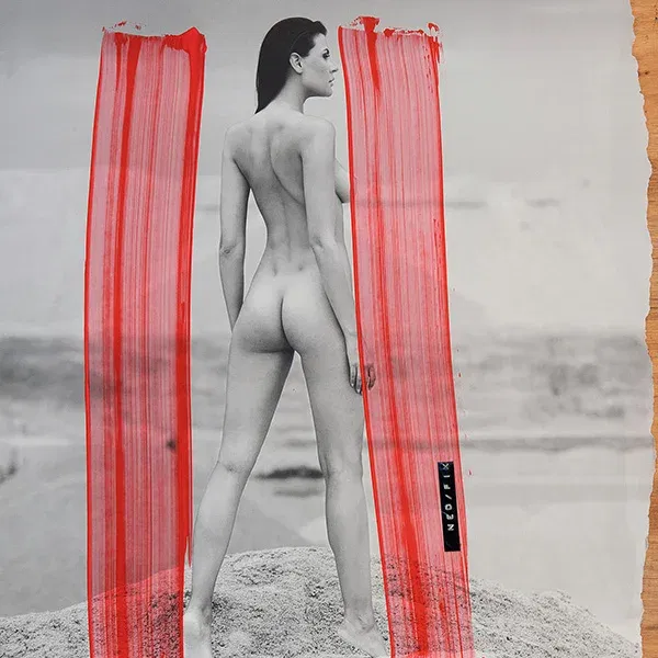 Aktfotografie mit roten Acrylstreifen, zeitgenössische Collagenkunst auf Fotopapier