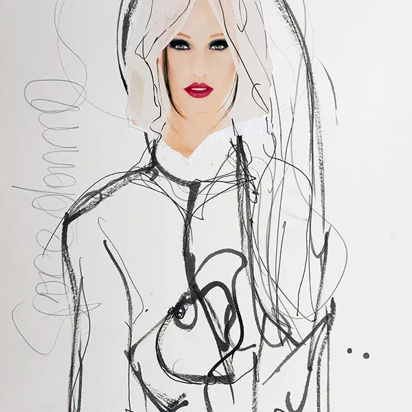 Collage mit Frauenporträt, roten Lippen und abstrakten Linien – zeitgenössische Collagenkunst auf Zeichenpapier.