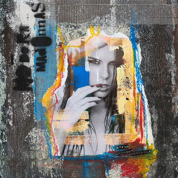 Collage mit weiblichem Porträt, Acrylfarben und Holzstruktur – zeitgenössische Collagenkunst.