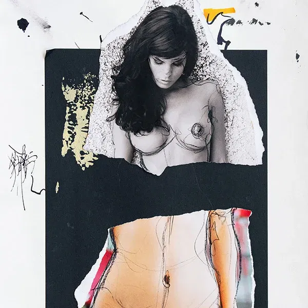 Collage einer nach unten blickenden Frau mit farbiger Übermalung – zeitgenössische Collagenkunst auf Fotopapier. contemporary collage artists