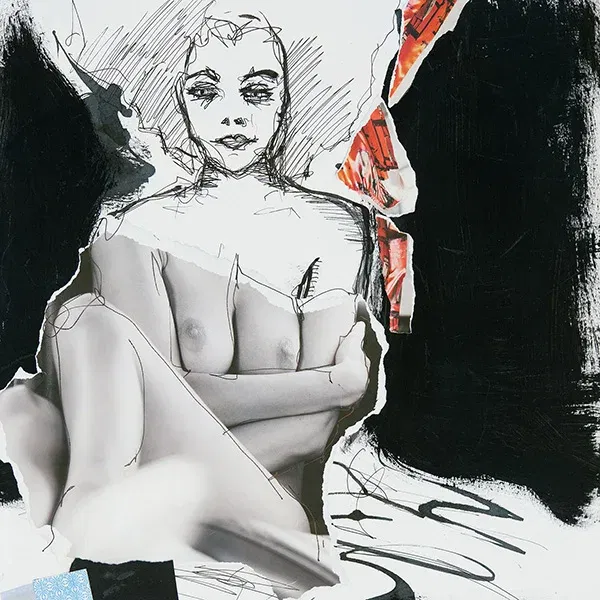 Collage mit weiblicher Figur und Papierfragmenten – zeitgenössische Collagenkunst auf Fotopapier.