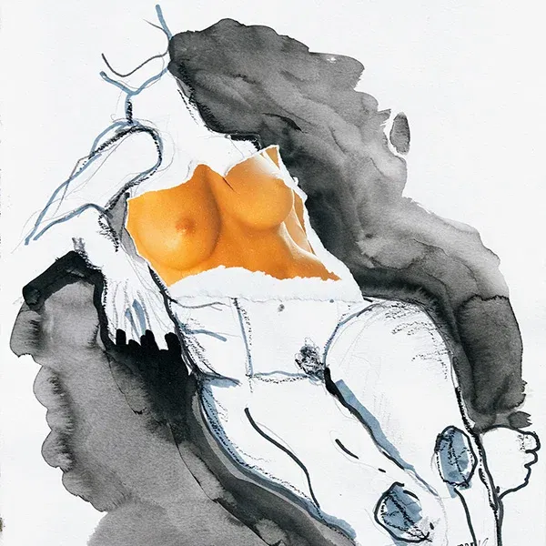 Collage mit abstrakter Körperdarstellung – zeitgenössische Collagenkunst auf Papier