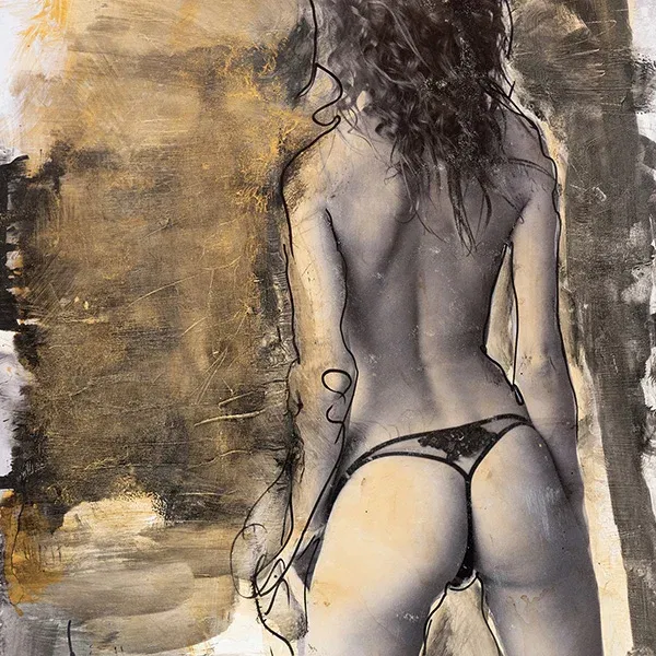 Zeitgenössische Collagenkunst mit nacktem Rücken und knackigem Hintern.